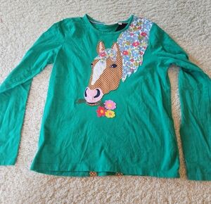 Mini Boden Teal Green Long-Sleeve Top with Floral Horse Appliqué